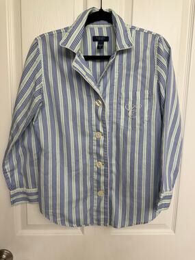 Chaps striped cotton pj set blue white lime-green/yellow cursive initial chest S